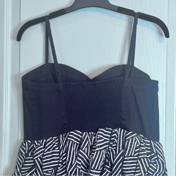 H&M Navy Blue Striped Empire Waist Sleeveless Strap Ruffle Geo Mini Dress Sz  12 - Picture 10 of 12